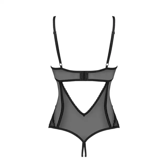 Obsessive - Serena Love Crotchless Teddy M/L. Czarne body z otwartym krokiem z prześwitującego materiału. Gładkie otulenie ciała miękkim materiałem
