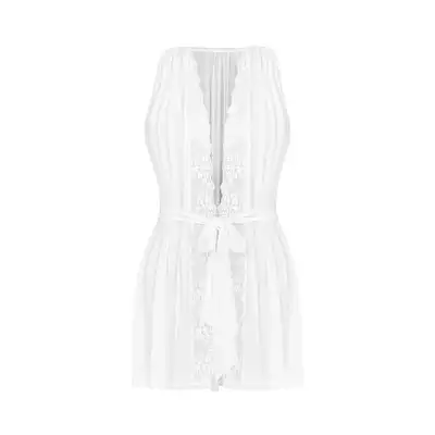 Obsessive - Heavenlly Peignoir M/L. Prześwitujący, biały peinuar z delikatnego materiału wykończonego kwiatową koronką, zmysłowość i seksapil