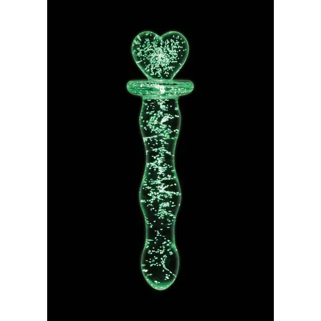Firefly - Heart A Glow Dong. Szklane, transparentne dildo z ozdobnym uchwytem z sercem, świecące w ciemności