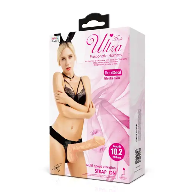 Baile - Ultra Passionate Harness Vibrator 10.2". Uprząż strapon z dużym dildem z funkcją wibracji i pilotem sterującym mocą
