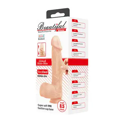 Baile - Beautiful Bahamut 8.5`. Naturalistyczne, żylaste dildo z jądrami i zarysowaną żołędzią. Podwójny, elastyczny materiał doskonale imituje ludzką skórę
