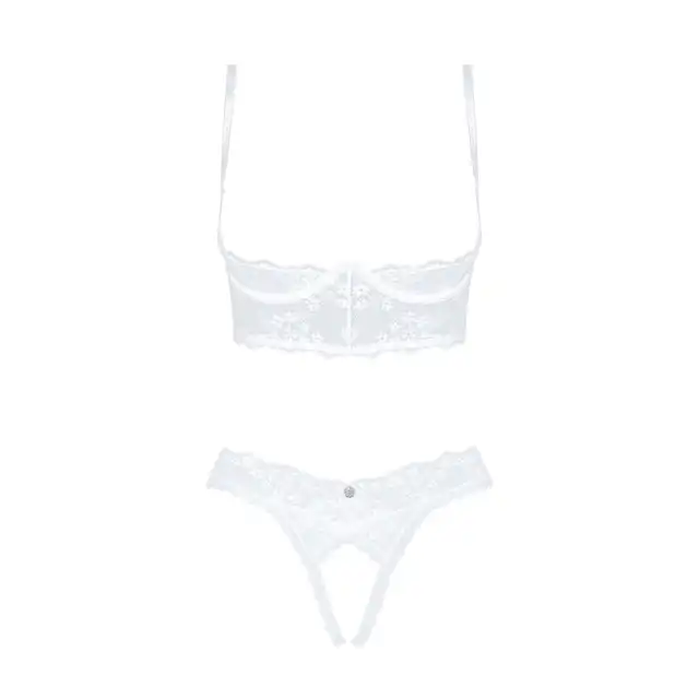 Obsessive - Heavenlly Cupless Set XS/S. Odważny komplet bielizny, otwarty biustonosz z fiszbinami i stringi z otwartym krokiem, ponętne podkreślenie sylwetki