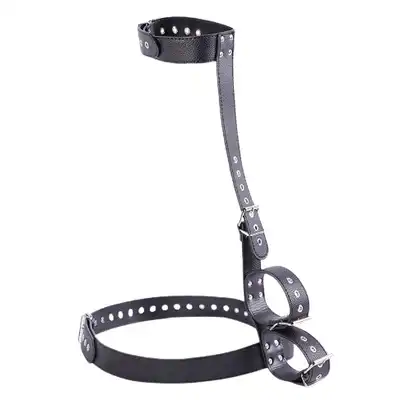 Passion Labs - Handcuff Retention Set Black. Zmysłowe kajdanki zniewalające połączone z obrożą i pasem na talię