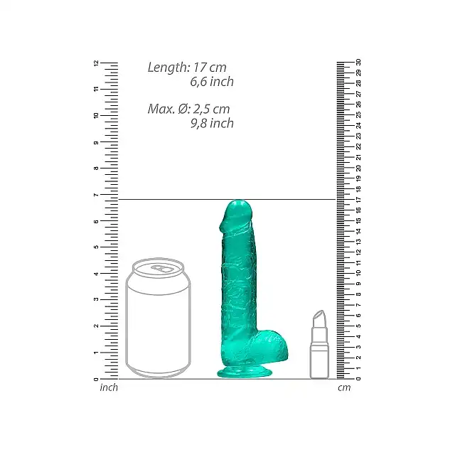 RealRock - Crystal Clear With Balls Turquoise 6". Realistyczne dildo z jądrami, przezroczysty materiał o trukusowym zabarwieniu