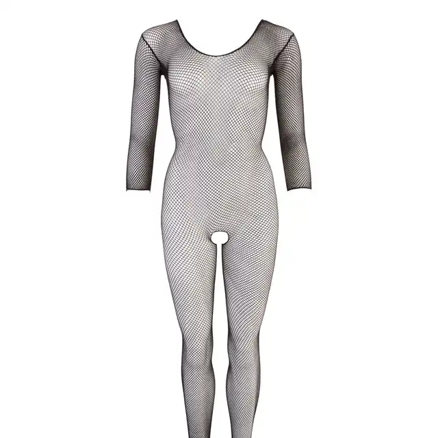 No:Xqse - Fishnet Catsuit Bodystocking S/L. Seksowny czarny bodystocking z otwartym kroczem i rękawem 3/4