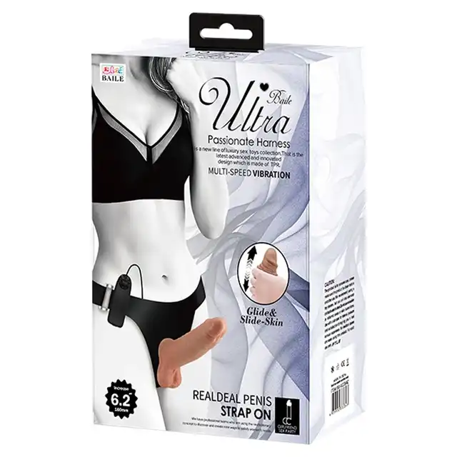 Baile - Ultra Passionate Harness Vibrator 6.2". Wibrator realistyczny z uprzężą strapon, mocna stymulacja z dodatkową stymulacją