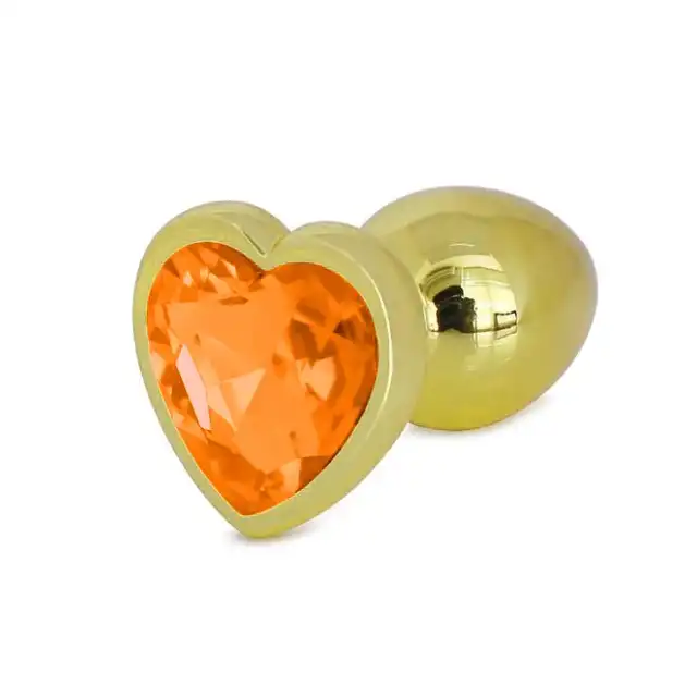 Passion Labs - Anal Hearty Buttplug L Gold &amp; Orange. Złoty korek analny z jaskrawo pomarańczowym kryształkiem w kształcie serca