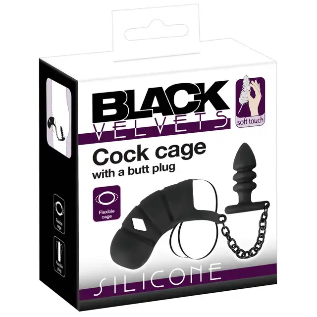 Black Velvets - Cock Cage with Butt Plug. Klatka na penisa, ring na jądra i żebrowany korek analny, połączenie solidnym łańcuszkiem