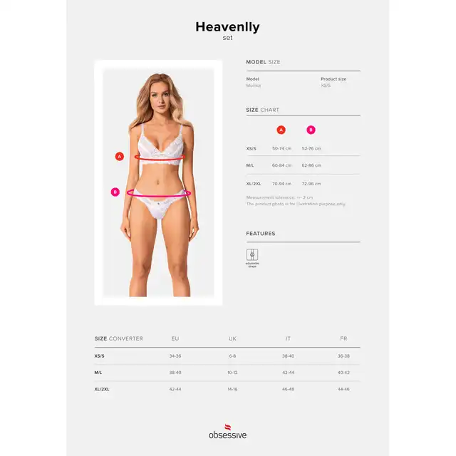 Obsessive - Heavenlly Set XS/S. Elegancki zestaw bielizny w bieli, delikatna siateczka i haftowane drobne kwiatki, idealne podkreślenie kobiecości
