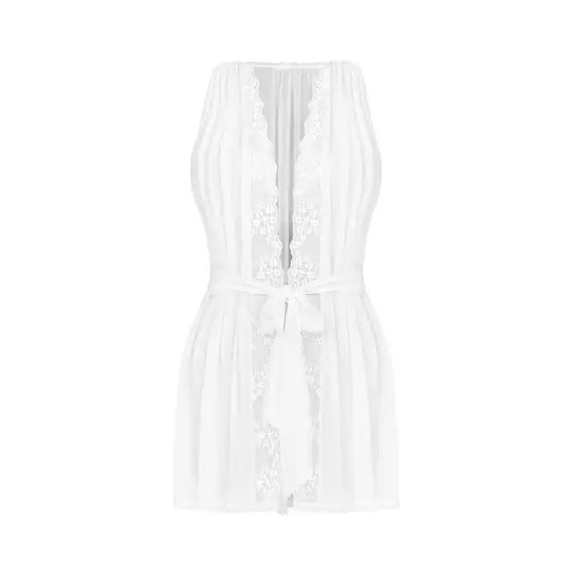 Obsessive - Heavenlly Peignoir XS/S. Prześwitujący, biały peinuar z delikatnego materiału wykończonego kwiatową koronką, zmysłowość i seksapil