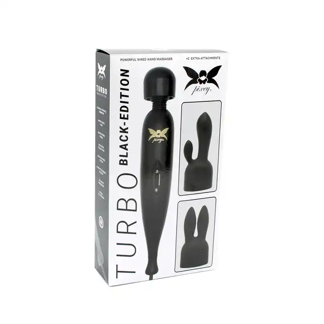 Pixey - Turbo Powerful Wired Wand Black. Potężna przewodowa magiczna różdżka w zestawie z 2 niezwykłymi nakładkami
