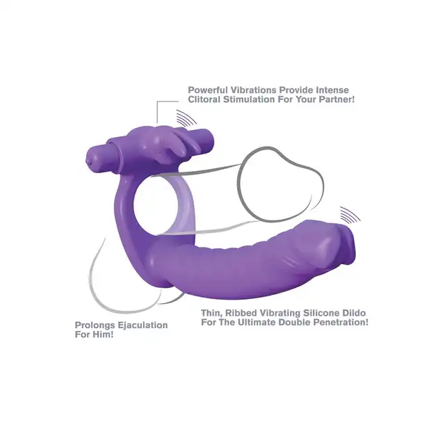 Pipedream - Silicone Double Pene Rabbit. Wibrujący strapon z żebrowaną teksturą, ringiem na penisa i wibrującym stymulatorem łechtaczki