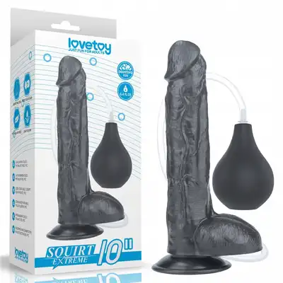 LoveToy - Squirt Extreme 10'' Squirting Dildo Black. Realistyczne dildo z przyssawką i wytryskiem. Ultra delikatna w dotyku powierzchnia, intensywne doznania