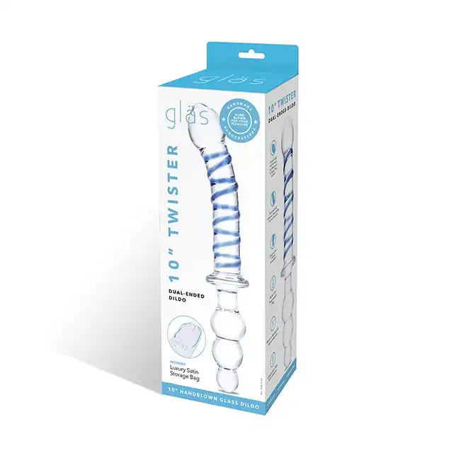 Gläs - Twister Dual Ended Dildo 9.25”. Hipoalergiczne szklane podwójne dildo z długim prostym trzonem i stożkowym plugiem analnym
