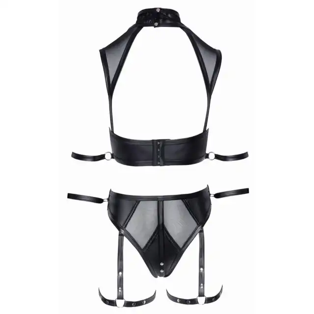 Cottelli Collection - Bra Set Bondage with Straps M. Seksowy komplet bielizny z dziurką i ozdobnymi uprzężami na ręce i uda