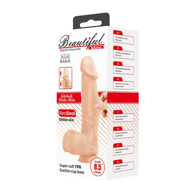 Baile - Beautiful Bahamut 8.5`. Naturalistyczne, żylaste dildo z jądrami i zarysowaną żołędzią. Podwójny, elastyczny materiał doskonale imituje ludzką skórę