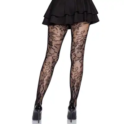 Seamless Floral Lace Tights Black