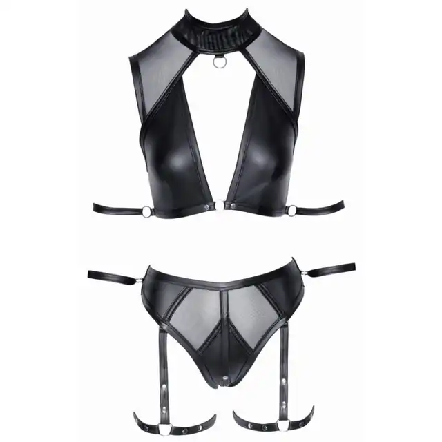 Cottelli Collection - Bra Set Bondage with Straps M. Seksowy komplet bielizny z dziurką i ozdobnymi uprzężami na ręce i uda