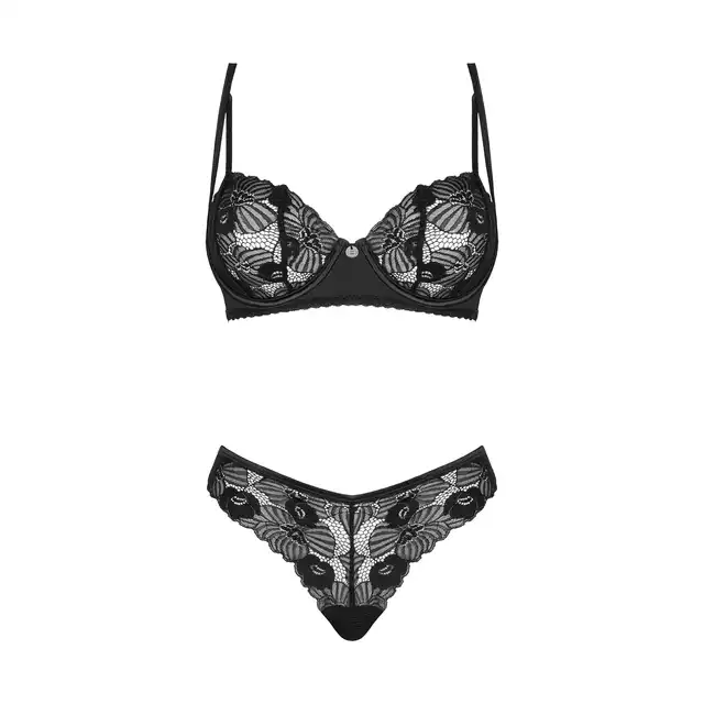 Obsessive - Serena Love Set M/L. Seksowny komplet bielizny z delikatnej kwiatowej koronki. Mocno wycięte figi i prześwitujący biustonosz