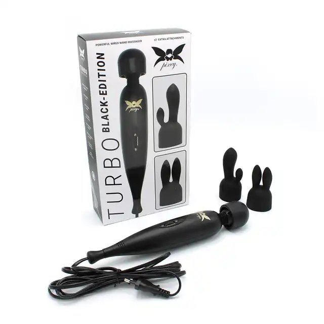 Pixey - Turbo Powerful Wired Wand Black. Potężna przewodowa magiczna różdżka w zestawie z 2 niezwykłymi nakładkami