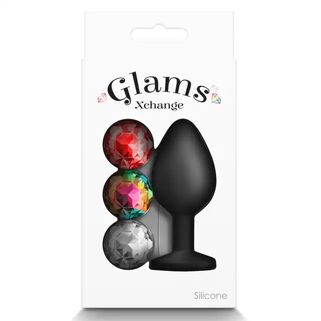 Glams -  Xchange Round Medium. Korek analny z wymiennymi kryształkami: czerwonym, przezroczystym i tęczowym