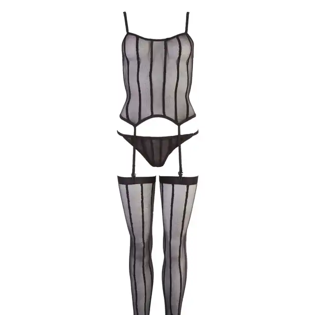 No:Xqse -  Basque Set  S/L. Elegancki, prześwitujący bodystocking w typie gorsetu z pończochami i stringami
