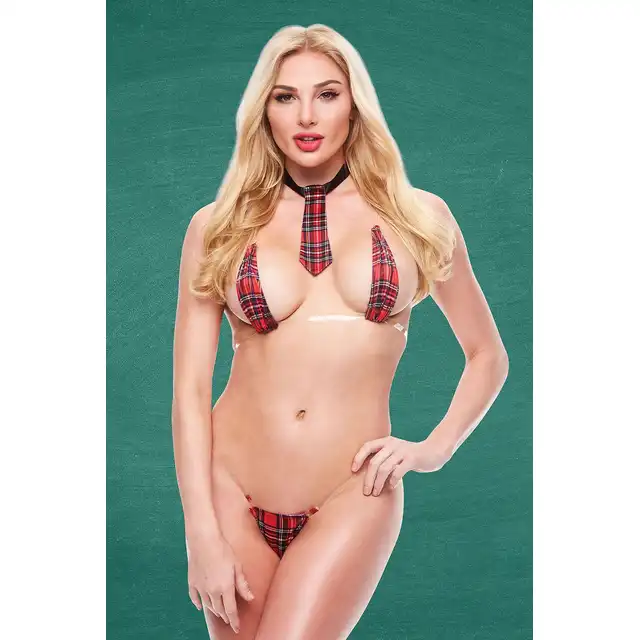 Teacher's Pet - Skimpy Schoolgirl See Thru Bikini Set M/L. Trzyczęściowy strój uczennicy, prowokujące, mocno odkryte miseczki i stringi