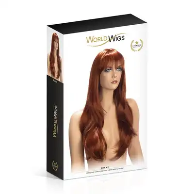 World Wigs - Diane Red. Długa peruka z prostą grzywką w miedzianym kolorze. Objętościowa fryzura i podkreślona twarz
