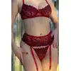 Chilirose - Red Exclusive Set M - 4-częściowy zestaw seksownej bielizny w kolorze czerwonym. Uroczy wzór kwiatów 