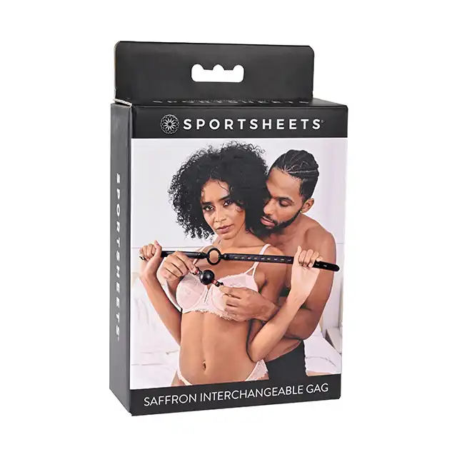 Sportsheets - Saffron Interchangeable. Knebel 2 w 1 z wymiennymi końcówkami. Otwarty ring lub kulka z otworami do oddychania