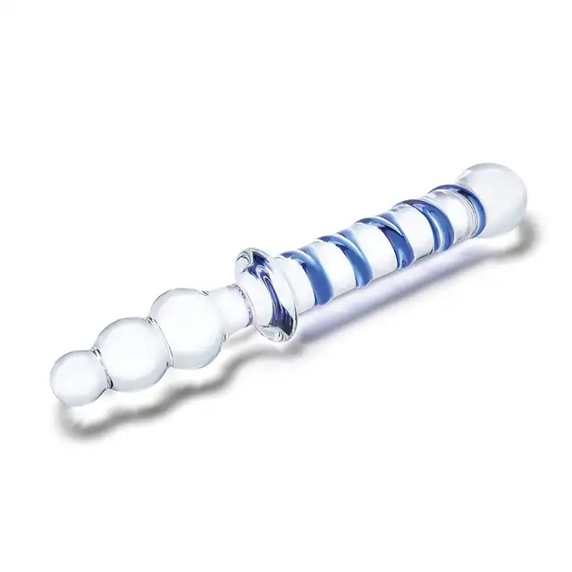 Gläs - Twister Dual Ended Dildo 9.25”. Hipoalergiczne szklane podwójne dildo z długim prostym trzonem i stożkowym plugiem analnym