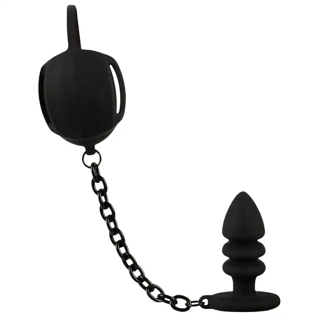 Black Velvets - Ball Cage with Butt Plug. Pierścień erekcyjny, klatka na jądra połączone metalowym łańcuchem z plugiem analnym
