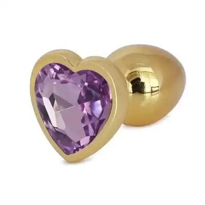 Passion Labs - Anal Hearty Buttplug L Gold &amp; Purple. Złoty korek analny z jasno fioletowym kryształkiem w kształcie serca