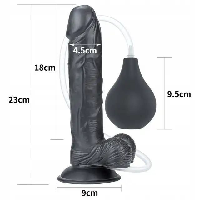 LoveToy - Squirt Extreme 9'' Squirting Dildo Black. Realistyczne dildo z przyssawką i wytryskiem. Ultra delikatna w dotyku powierzchnia, intensywne doznania