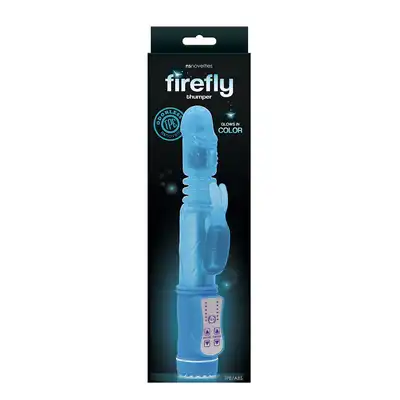 NsNovelties - Firefly Thumper. Wibrator podwójny ze stymulatorem łechtaczki króliczkiem, obrotowe kulki w trzonie, posuwisty, niebieski, świeci się w ciemności!