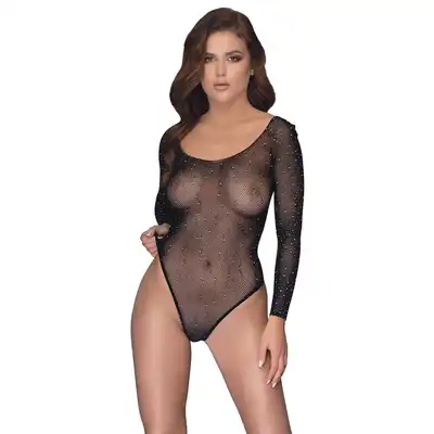 No:Xqse - Body Glitter S-L. Body z długim rękawem wysadzane błyszczącymi kryształkami. Przyciągają kuszące spojrzenia