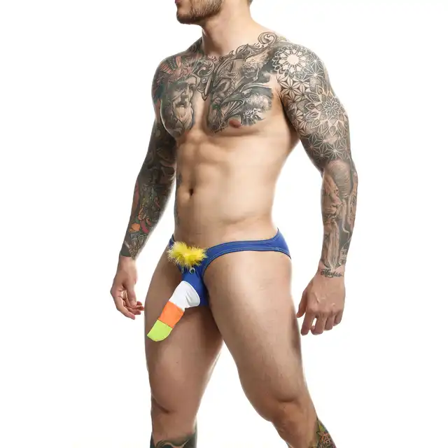 MOB - Toucan Bikini Royal Blue XL. Niebieskie stringi męskie z kieszonką o wzorze dzioba tukana, wyraź swój humor i niezależność
