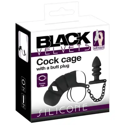 Black Velvets - Cock Cage with Butt Plug. Klatka na penisa, ring na jądra i żebrowany korek analny, połączenie solidnym łańcuszkiem