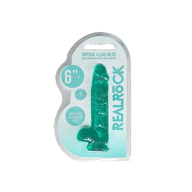 RealRock - Crystal Clear With Balls Turquoise 6". Realistyczne dildo z jądrami, przezroczysty materiał o trukusowym zabarwieniu