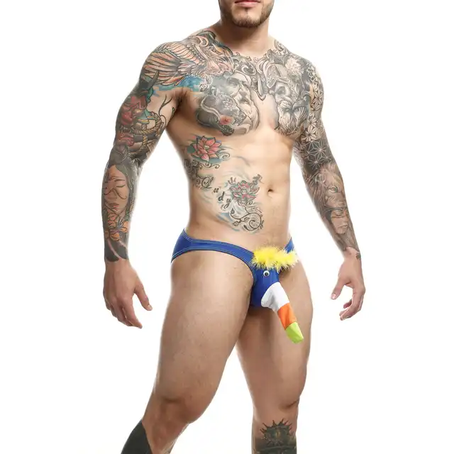 MOB - Toucan Bikini Royal Blue XL. Niebieskie stringi męskie z kieszonką o wzorze dzioba tukana, wyraź swój humor i niezależność