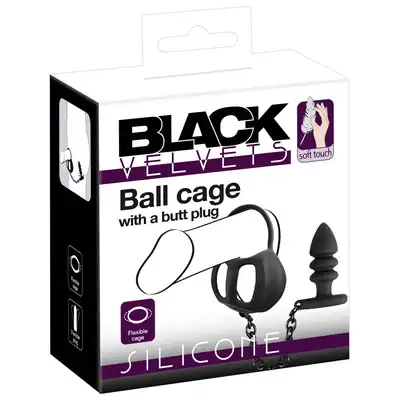 Black Velvets - Ball Cage with Butt Plug. Pierścień erekcyjny, klatka na jądra połączone metalowym łańcuchem z plugiem analnym