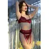Chilirose - Red Exclusive Set M - 4-częściowy zestaw seksownej bielizny w kolorze czerwonym. Uroczy wzór kwiatów 
