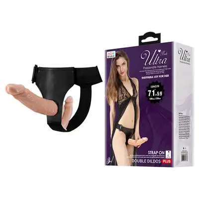Baile - Ultra Passionate Harness Double Dildo. Uprząż strapon z podwójnym dildem, jednoczesna stymulacja obu partnerów przy użyciu jednej zabawki