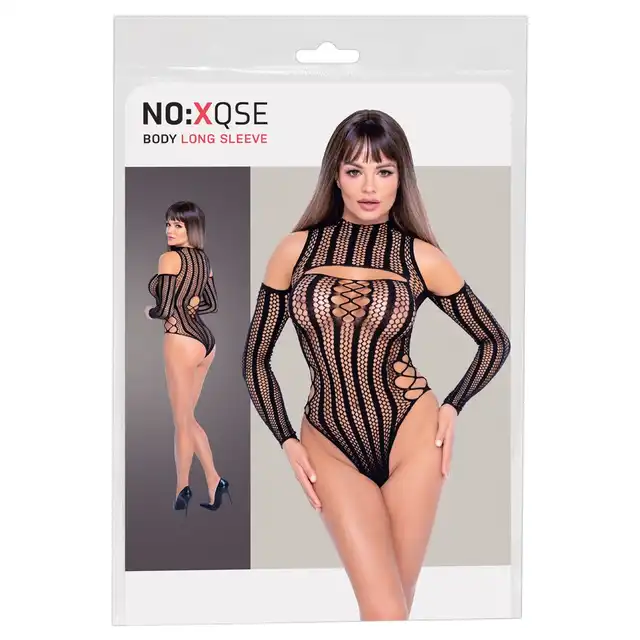 No:Xqse - Body Long Sleeve S-L. Body z seksownej siateczki w paski, idealne dopasowanie z seksownym podkreśleniem sylwetki