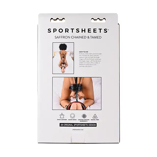 Sportsheets - Saffron Chained And Tamed. Ekspercko zaprojektowany zestaw BDSM do zniewalania, obroża i mankiety na kostki i nadgarstki