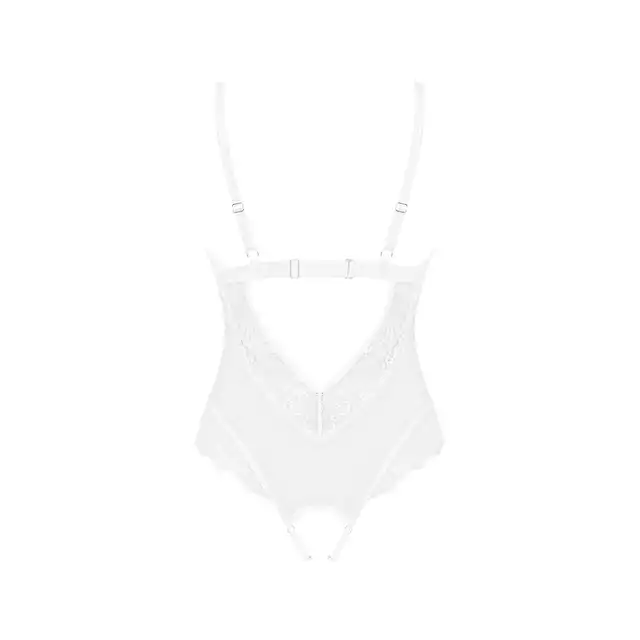 Obsessive - Heavenlly Crotchless Teddy M/L. Białe body z otwartym krokiem, wykończone elegancką koronką, idealne na noc poślubną
