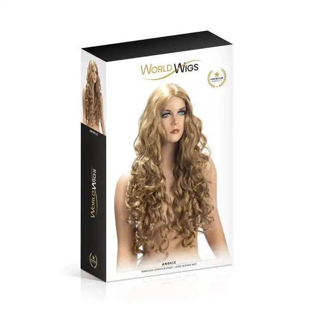World Wigs - Angele. Długa, kręcona blond peruka. Lśniące pasma falowanych włosów o dużej objętości