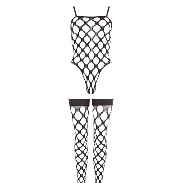 No:Xqse - Body + Stockings S-L. Komplet bodystocking, body i pończochy z grubej siateczki z idealnym dopasowaniem do sylwetki