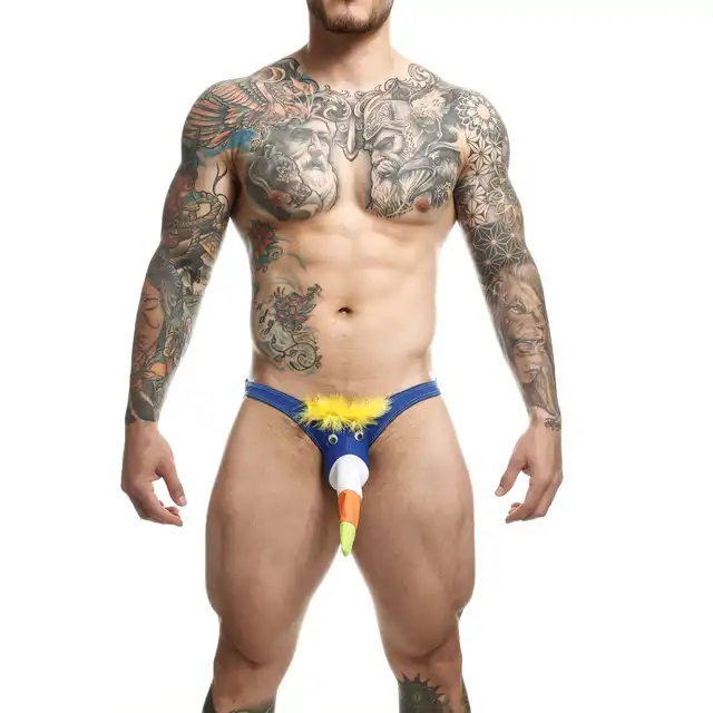 MOB - Toucan Bikini Royal Blue XL. Niebieskie stringi męskie z kieszonką o wzorze dzioba tukana, wyraź swój humor i niezależność