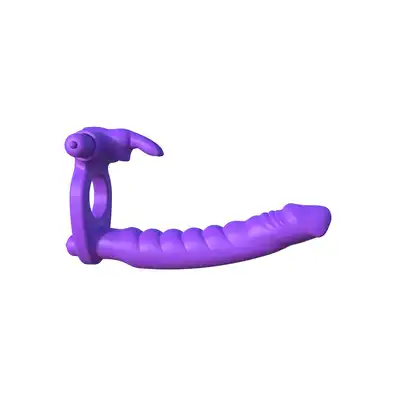 Pipedream - Silicone Double Pene Rabbit. Wibrujący strapon z żebrowaną teksturą, ringiem na penisa i wibrującym stymulatorem łechtaczki